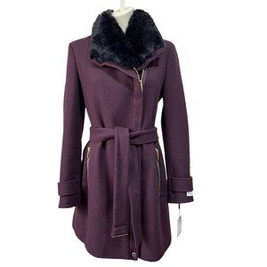 NEW! Calvin Klein Faux-Fur-Trim Asymmetrical Wool Belted Coat Burgundy, Size 6